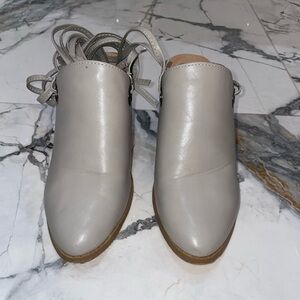 Women's Grey Leather Mules with wrap around straps